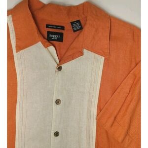 Haggar Linen Blend Shirt Men XL Orange Colorblock Short Sleeve Collar Button Up